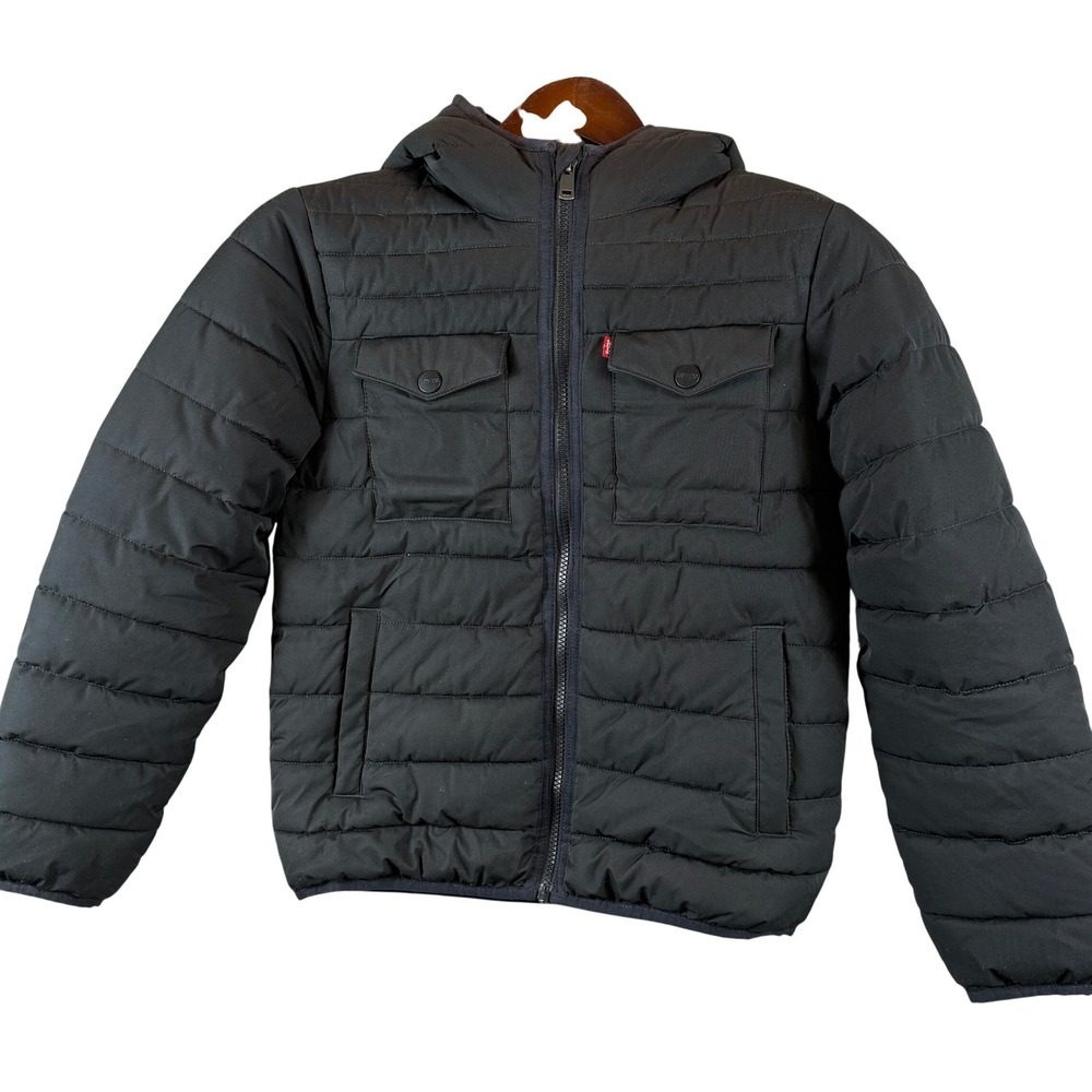 Levi Strauss & Co Boys 10-12 Quilted Puffer Jacket Black Hooded Water Resistant